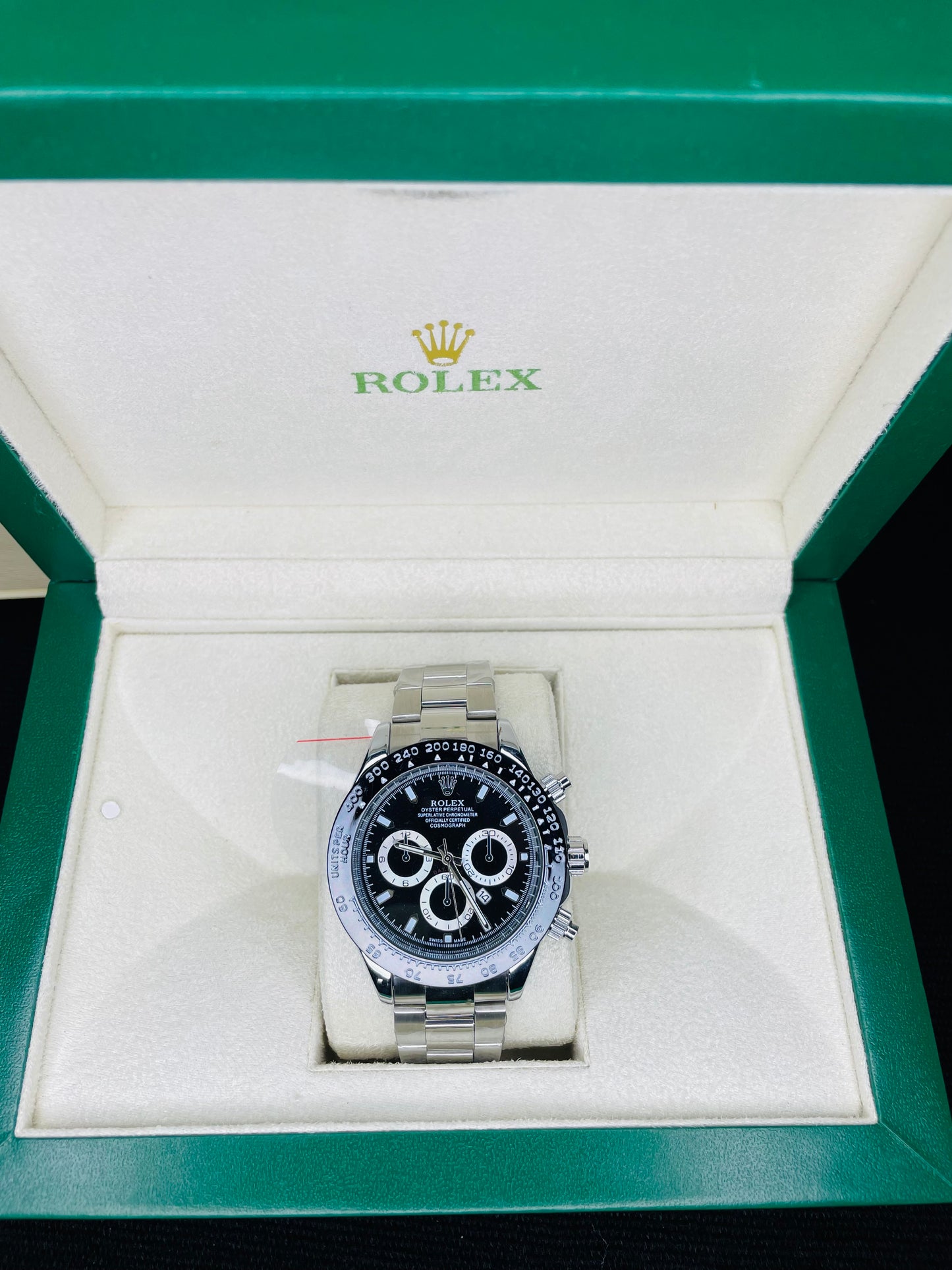 Black dial with silver chain