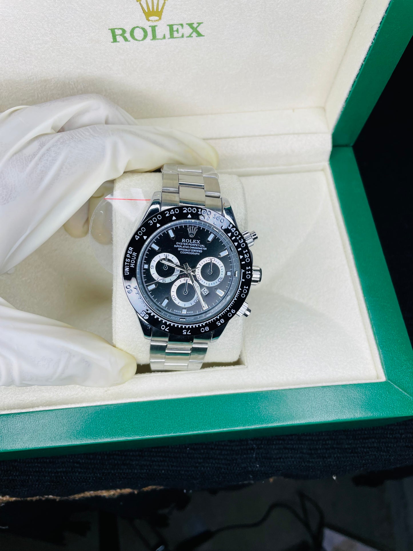 Black dial with silver chain