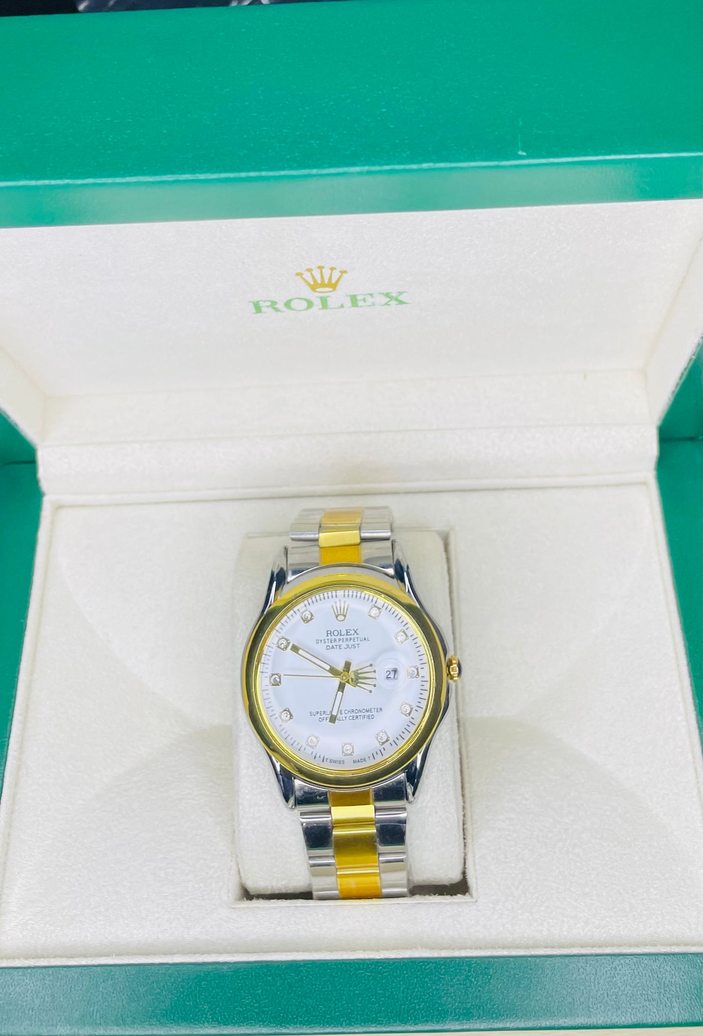 White with golden dial & date